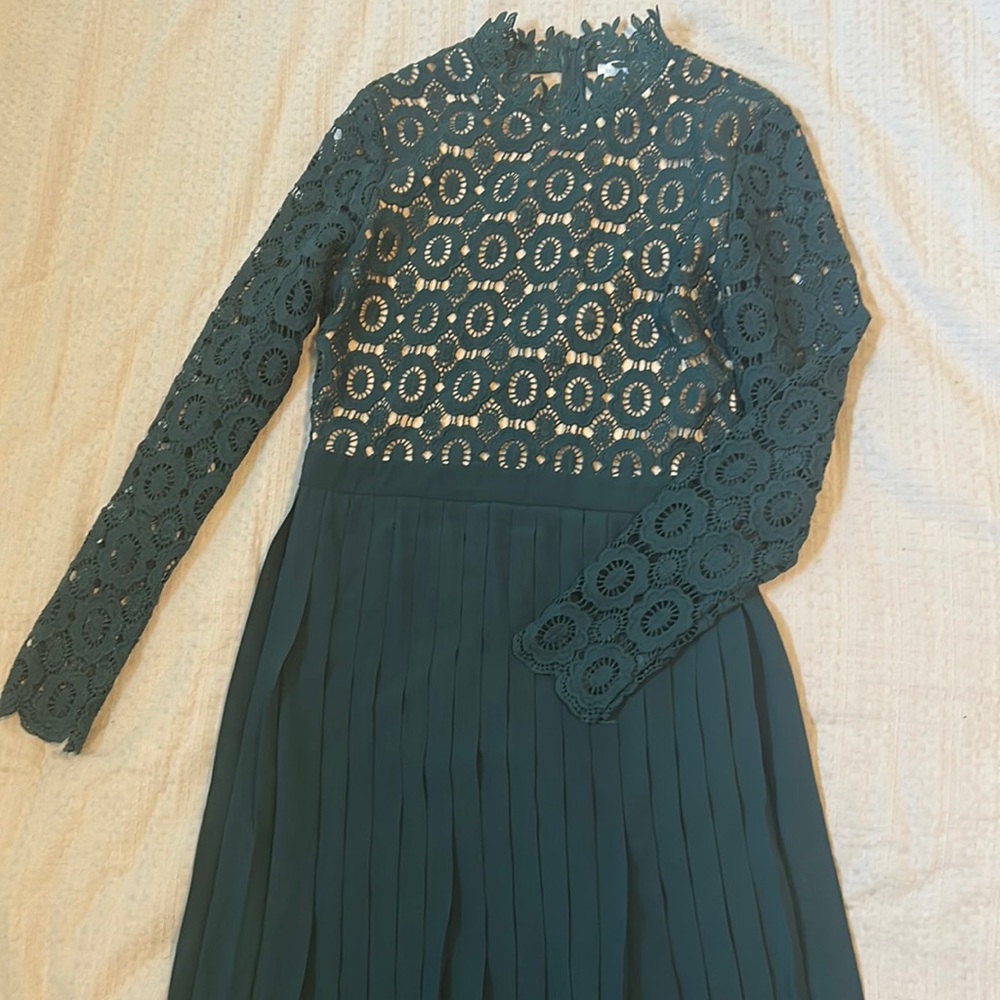 Forest green Lace top pleated bottom dress